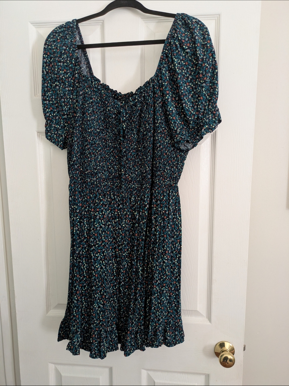 Smocked Puff Sleeve Floral Mini Dress - Teal Floral